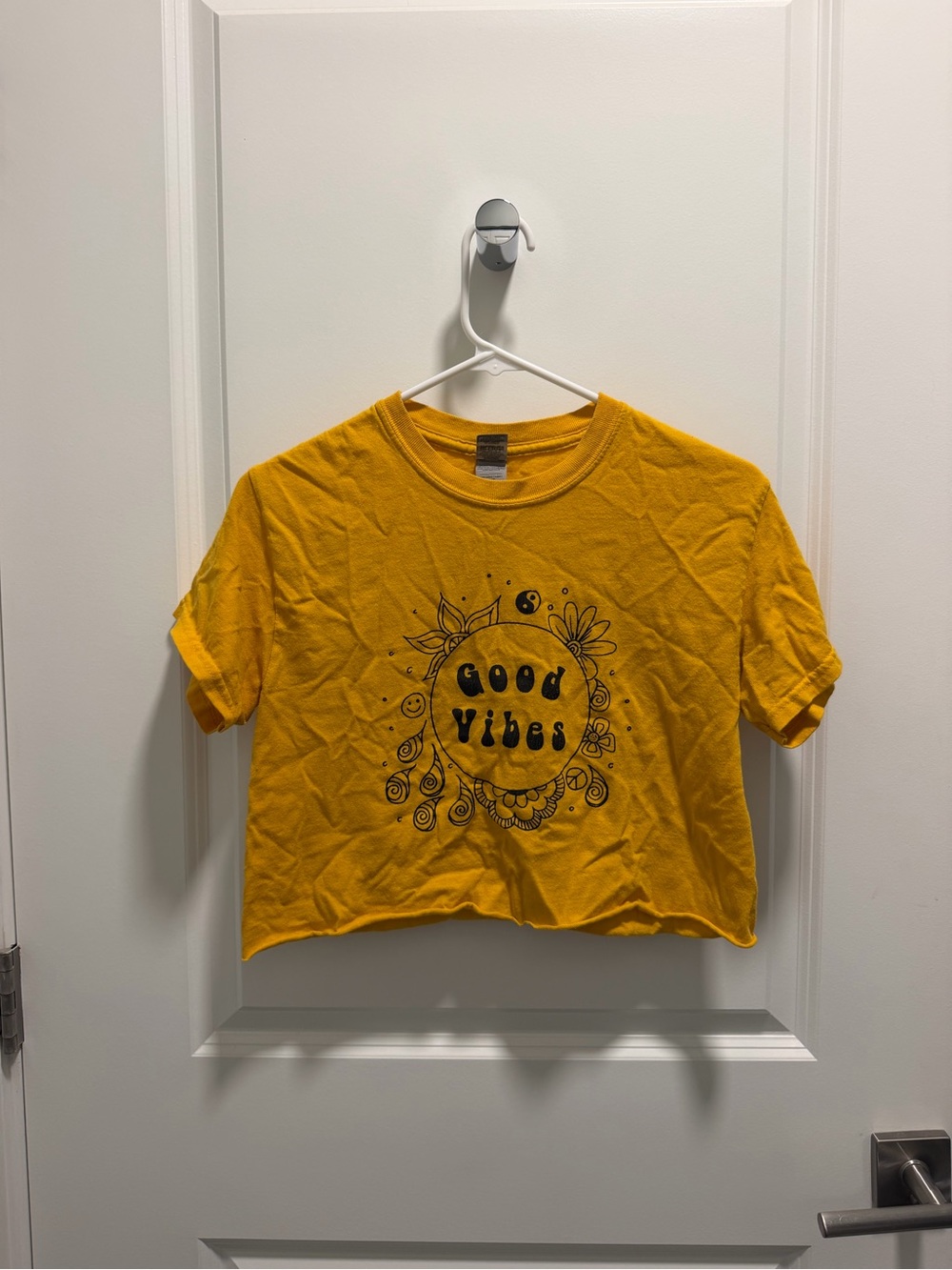 Gildan Yellow Cropped Tee with Black "Good Vibes" Graphic